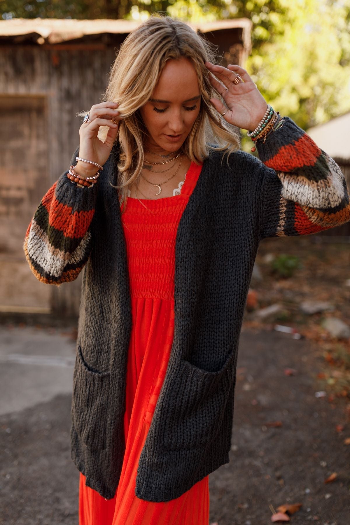 Danny Striped Sleeve Cardigan - Charcoal