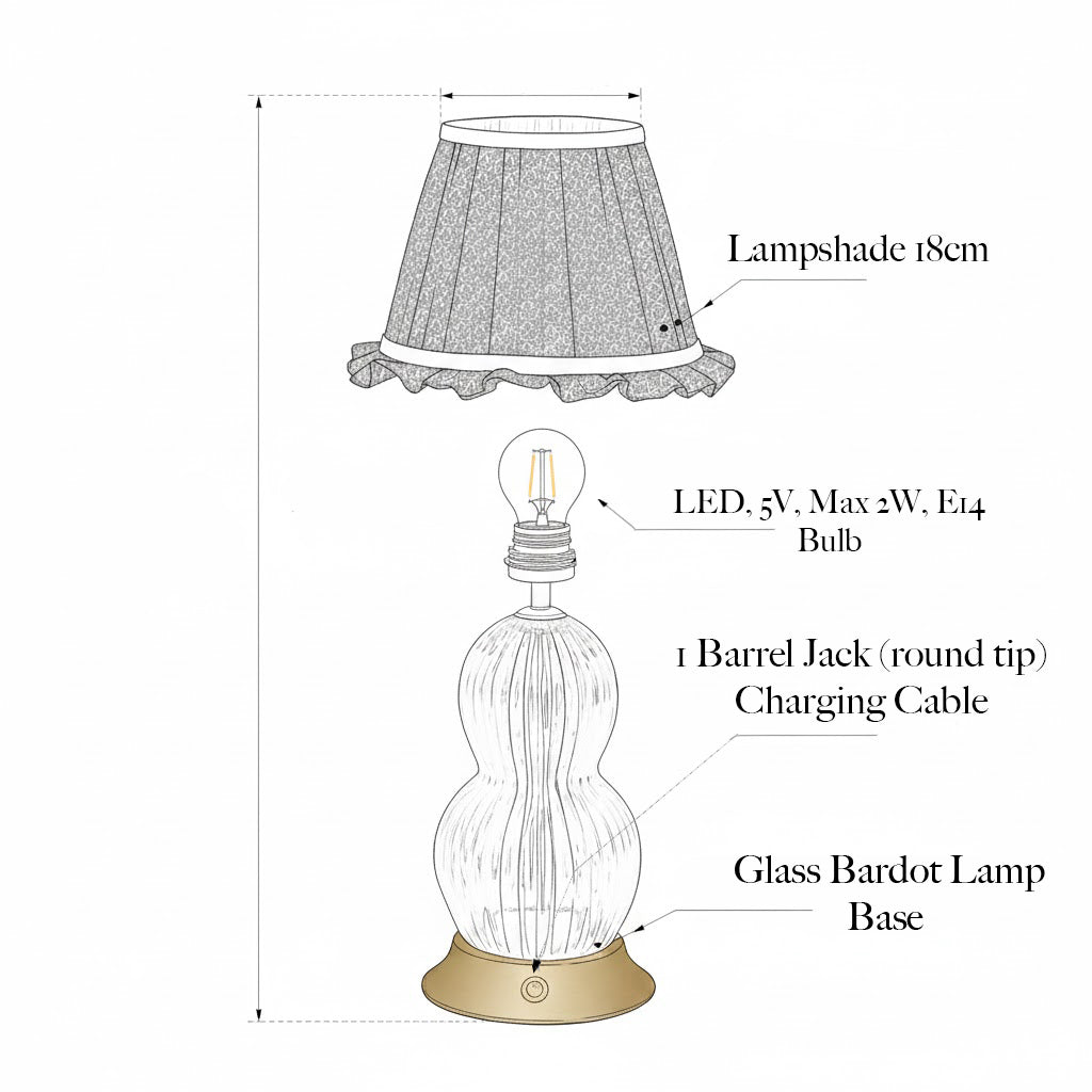 Glass Bardot Rechargeable Lamp with Cream Frilled Silk Shade (18cm)
