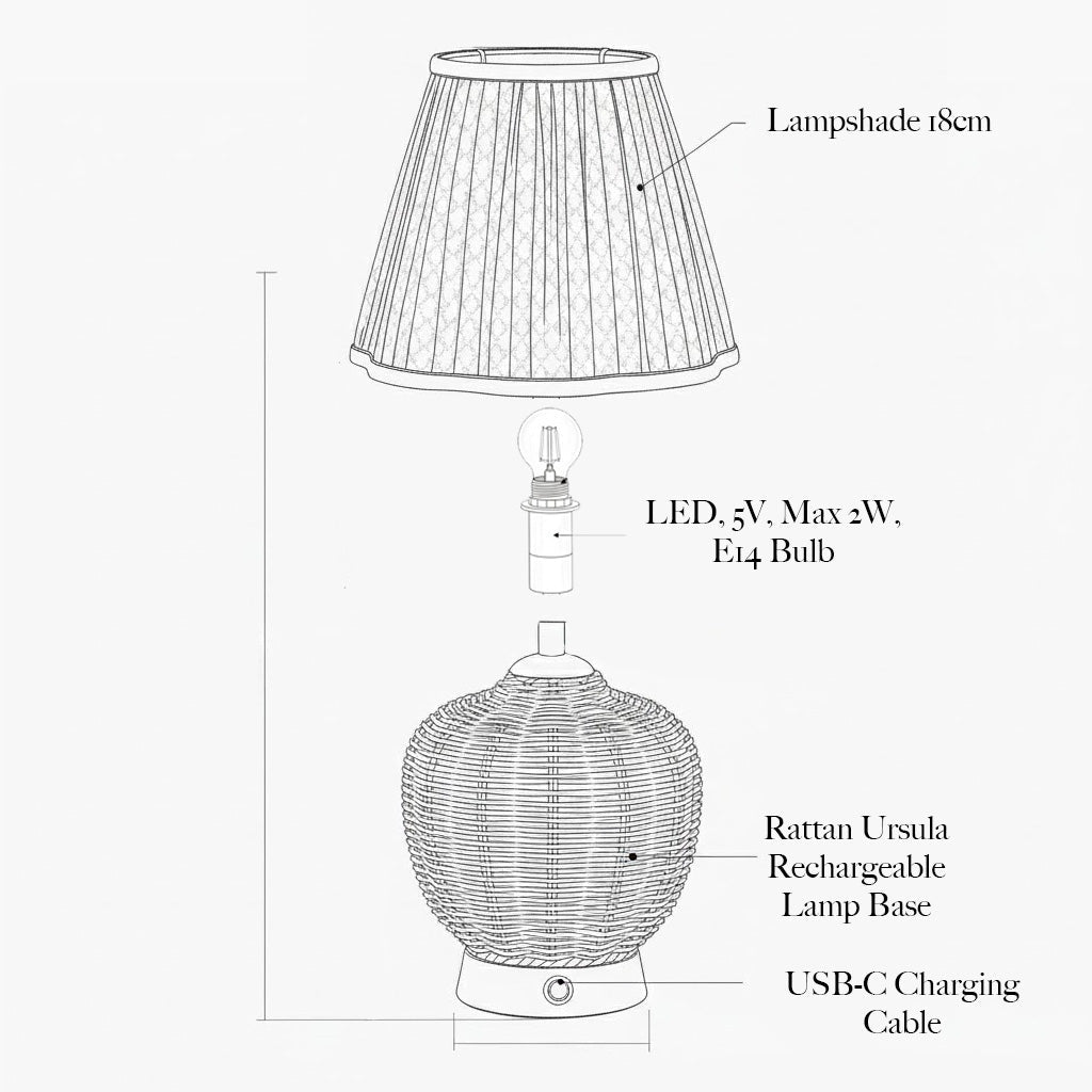 Rattan Ursula Rechargeable Lamp with Blue & Green Ikat Shade (18cm)
