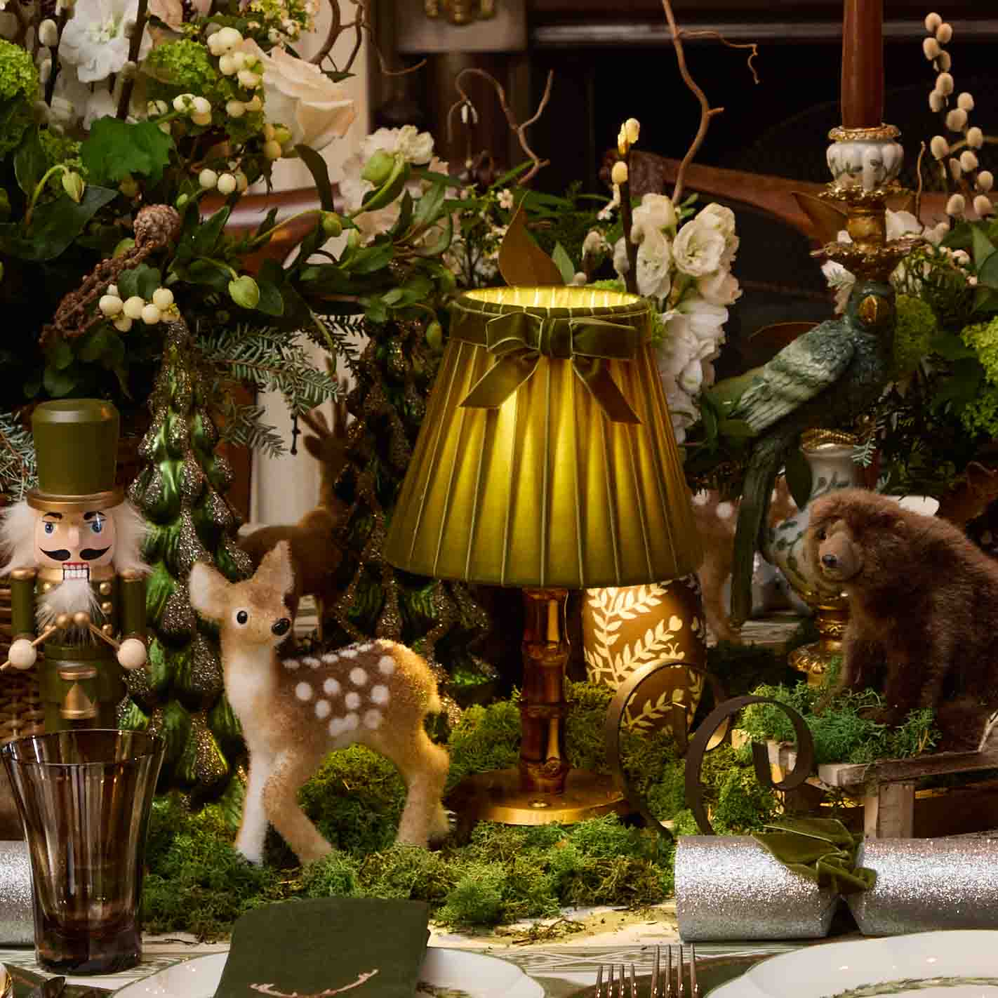 Burnt Bamboo Short Rechargeable Lamp with Olive Velvet Bow Shade (18cm)