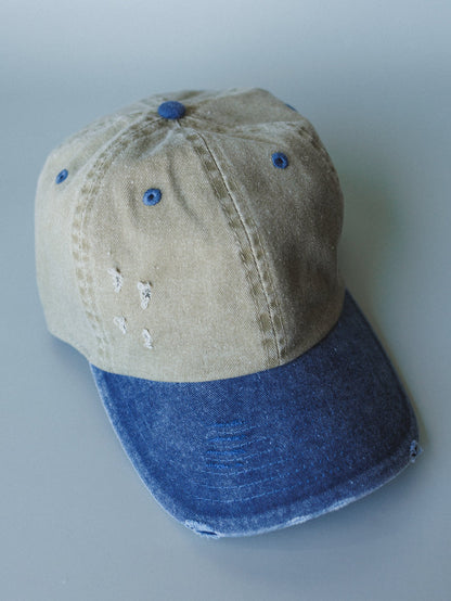 Distressed Baseball Cap Dad Hat
 - Two Tone Khaki Blue