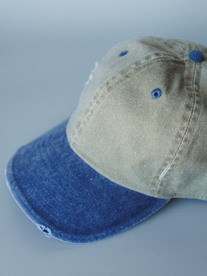 Distressed Baseball Cap Dad Hat
 - Two Tone Khaki Blue