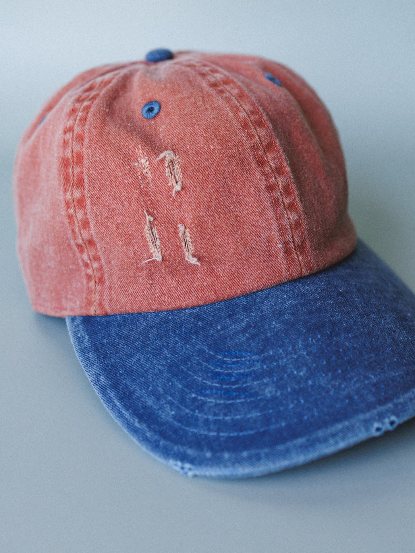 Distressed Baseball Cap Dad Hat
 - Two Tone Orange Blue