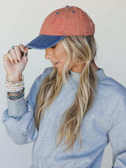 Distressed Baseball Cap Dad Hat
 - Two Tone Orange Blue