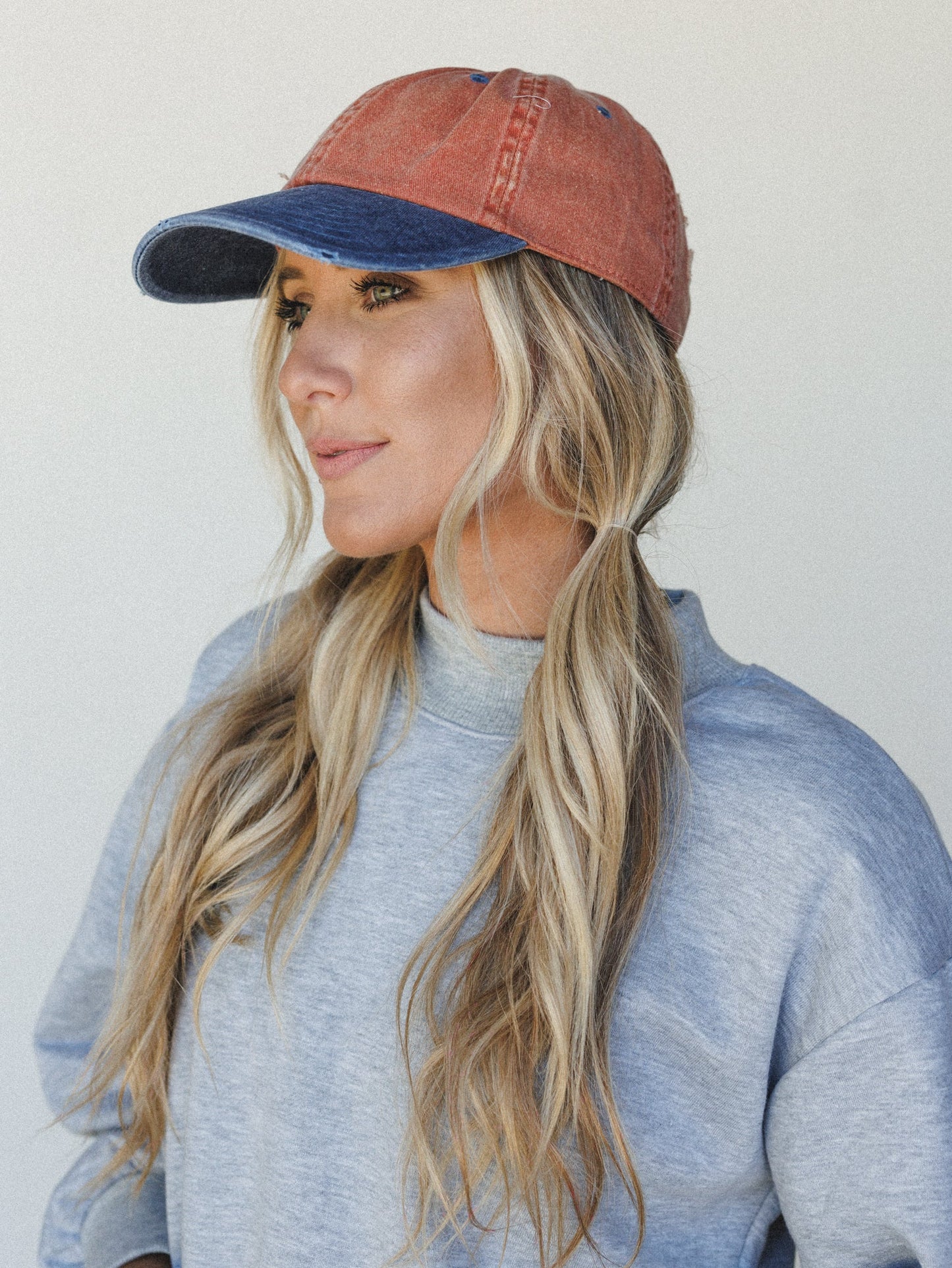 Distressed Baseball Cap Dad Hat
 - Two Tone Orange Blue
