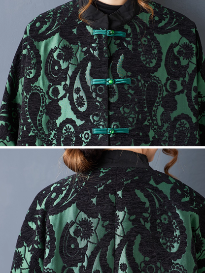 Artisanal Jacquard Flocking Overcoat with Mandarin Collar and Frog Closures