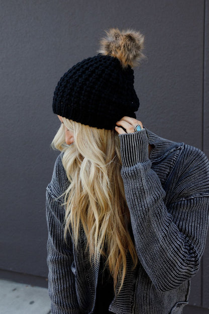 Aspen Waffle Knit Faux Fur Beanie - Black