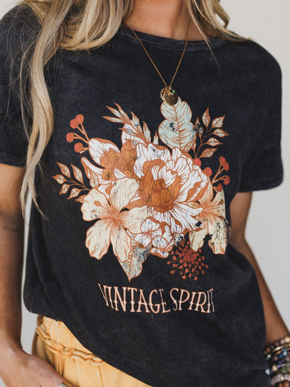 Floral Vintage Spirit Graphic Tee - Charcoal