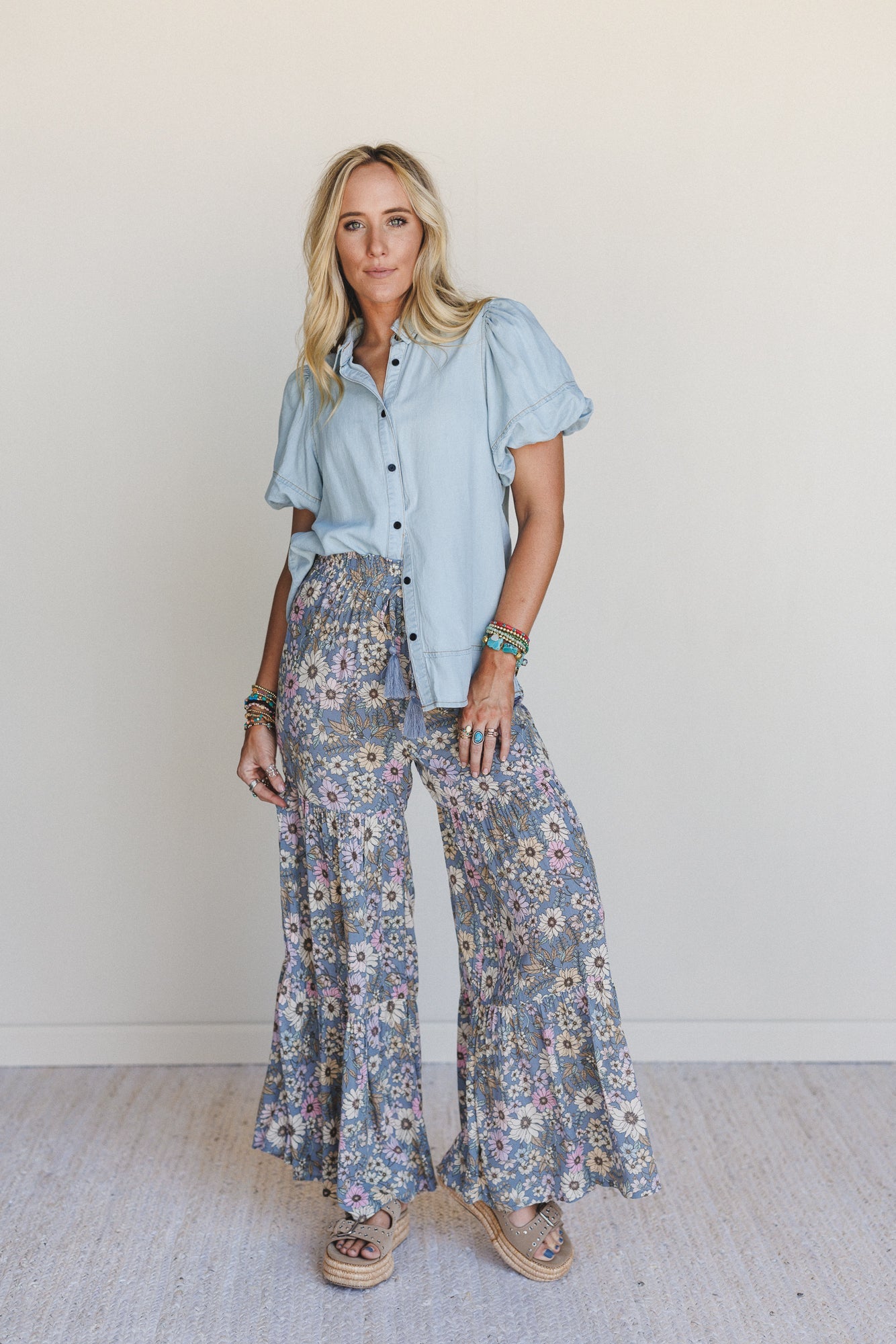 Botanic Drift Wide Leg Pants - Dusty Blue - Pre Order