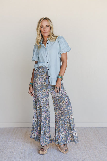 Botanic Drift Wide Leg Pants - Dusty Blue - Pre Order