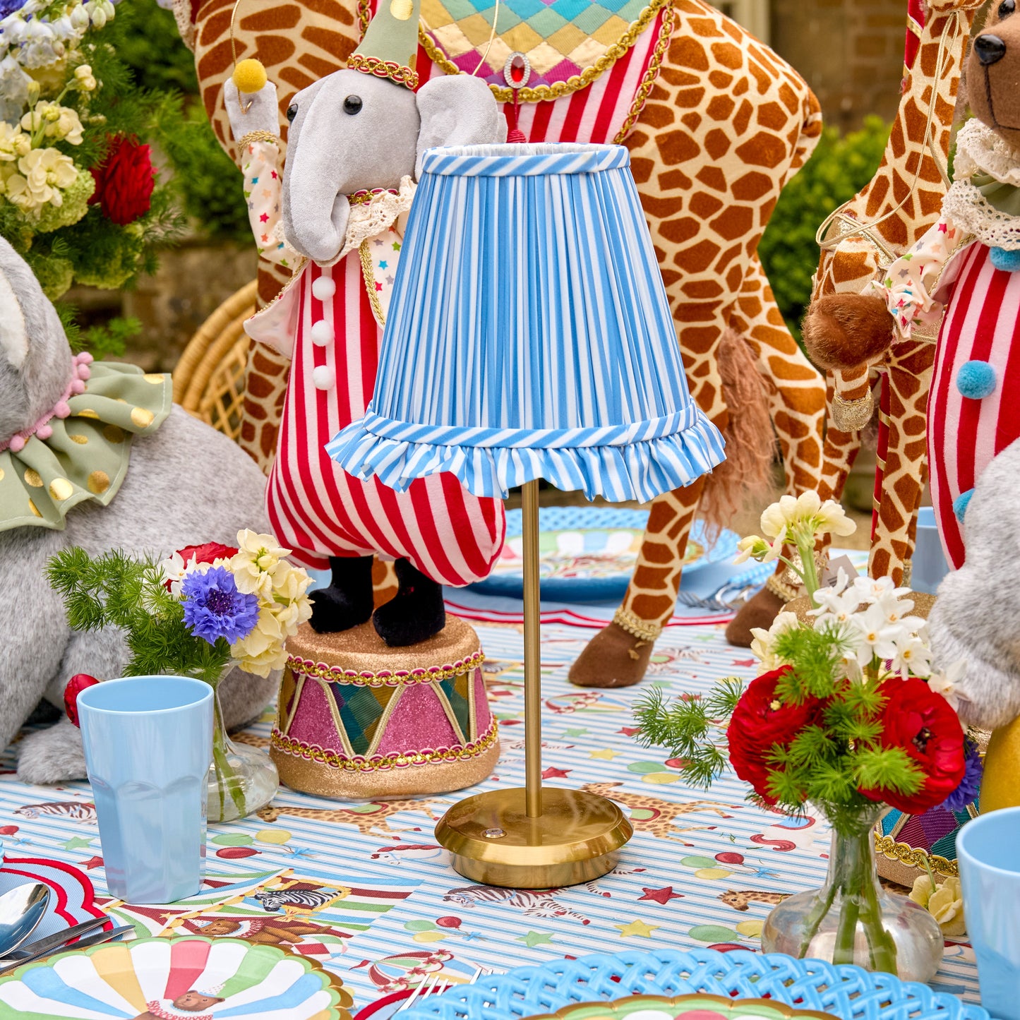 Tall Rechargeable Lamp with Blue Striped Ruffle Shade (18cm)