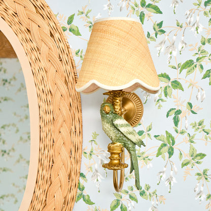 Pair of Olive Parrot Rechargeable Wall Lights with Grasscloth Shades (18cm)