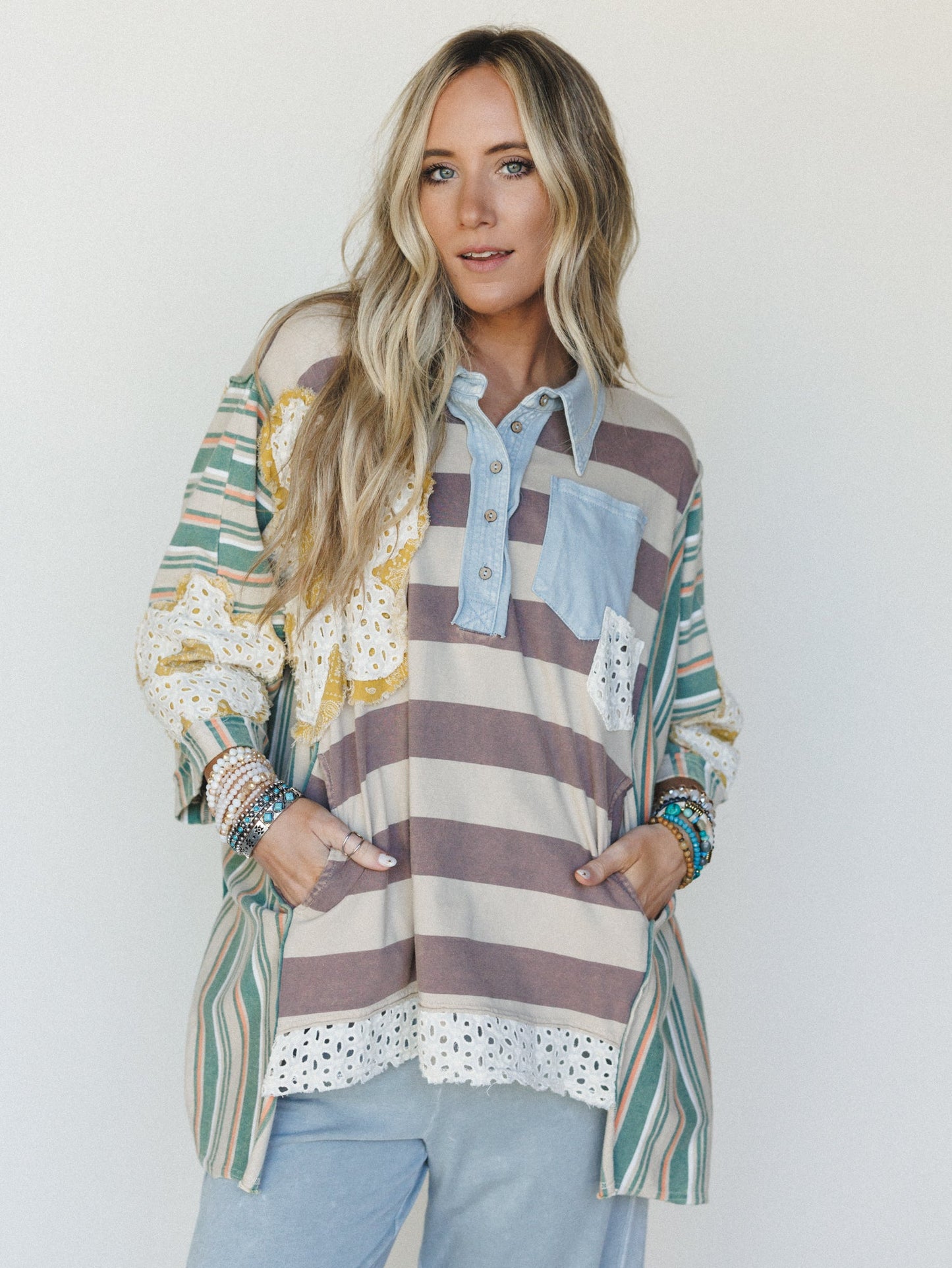 Daisy Darling Collared Top - Taupe Green