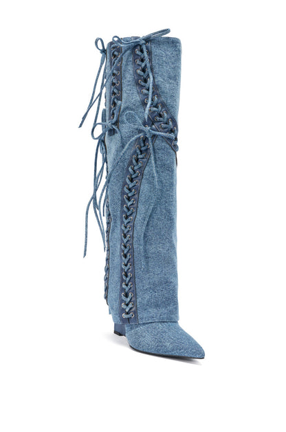 AKIRA GOLD MANTIGNA DENIM WEDGE BOOT