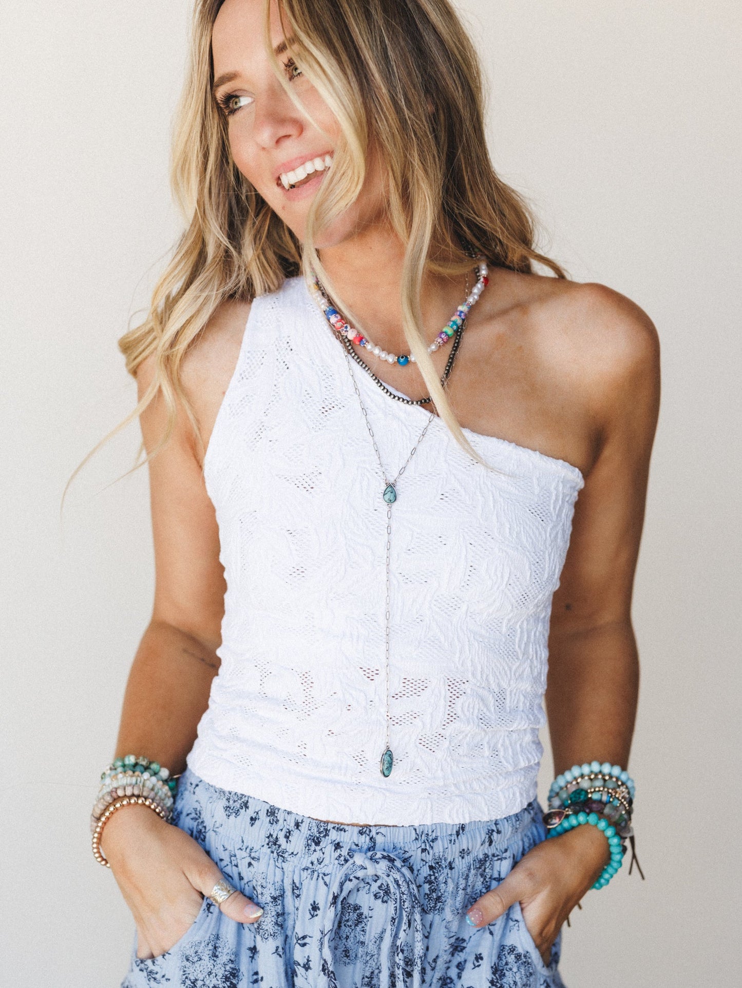 Dream Blooms One Shoulder Brami Top - White