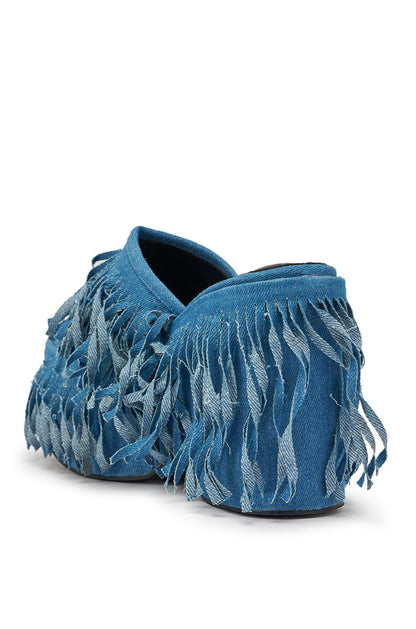 AKIRA GOLD RAMESHA DENIM FRINGE PLATFORM SANDAL