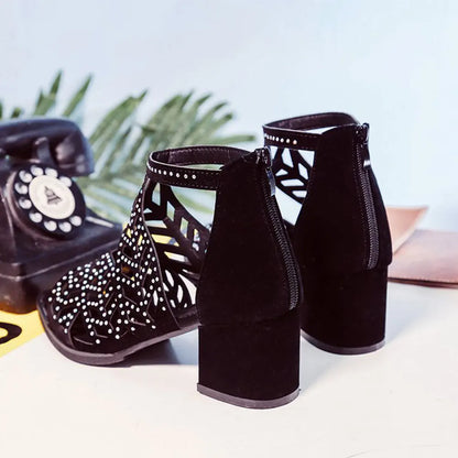 2022 New Style Women Summer Hollow Out Faux Leather Rhinestones Thick Heel Zipper Sandals Shoes Eur 35-41