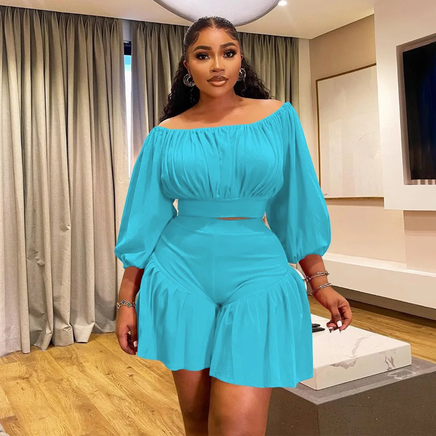 CM.YAYA Plus Size Women's Set Long Sleeve Slash Neck T-Shirt and Shorts 2025 Summer Ruched Two 2 Piece Set Outfits Tracksuit