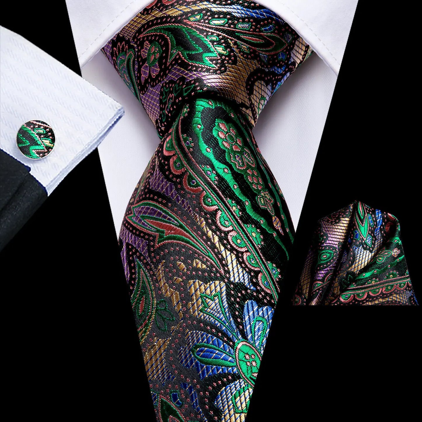Hi-Tie Peacock Blue Novelty Designer Silk Wedding Tie For Men Hanky Cufflinks Gift Mens Fashion Necktie Set Business Party