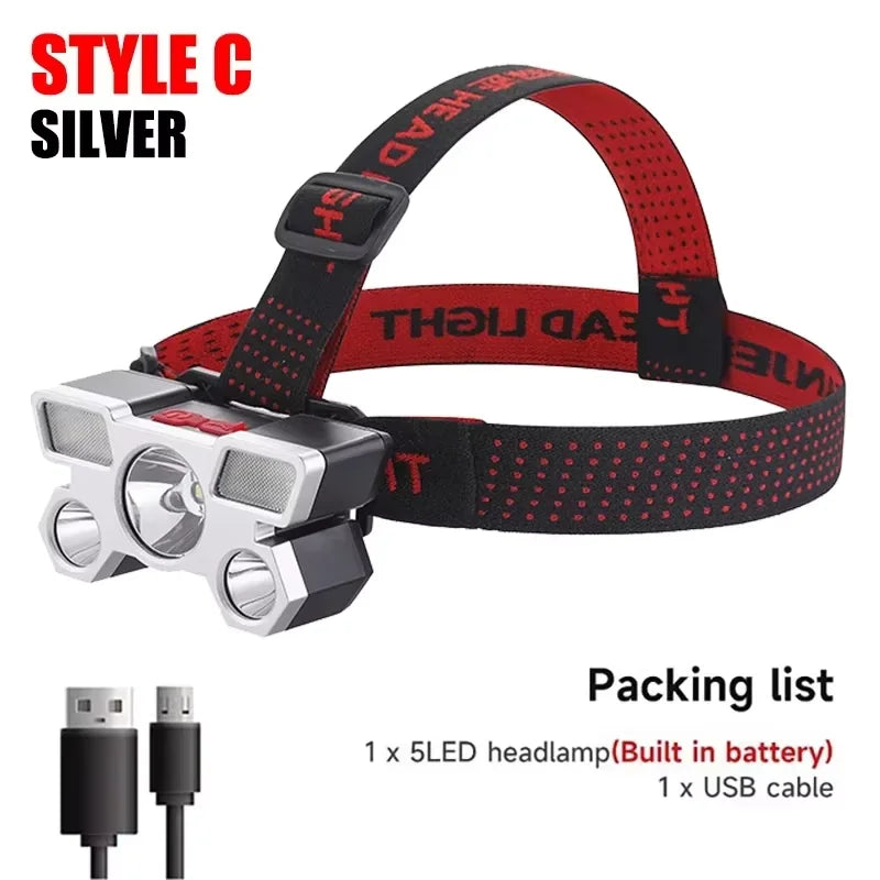 5 LED Flashlight Rechargeable with Built in Lithium Battery Strong Head Light Camping Adventure Fishing Cycling Headlamp