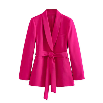 Spring and Autumn Women's Casual Blazer Chic Outerwear Slim Straight Pants Long Sleeve V-Neck Belted Office Commuter Suit Set