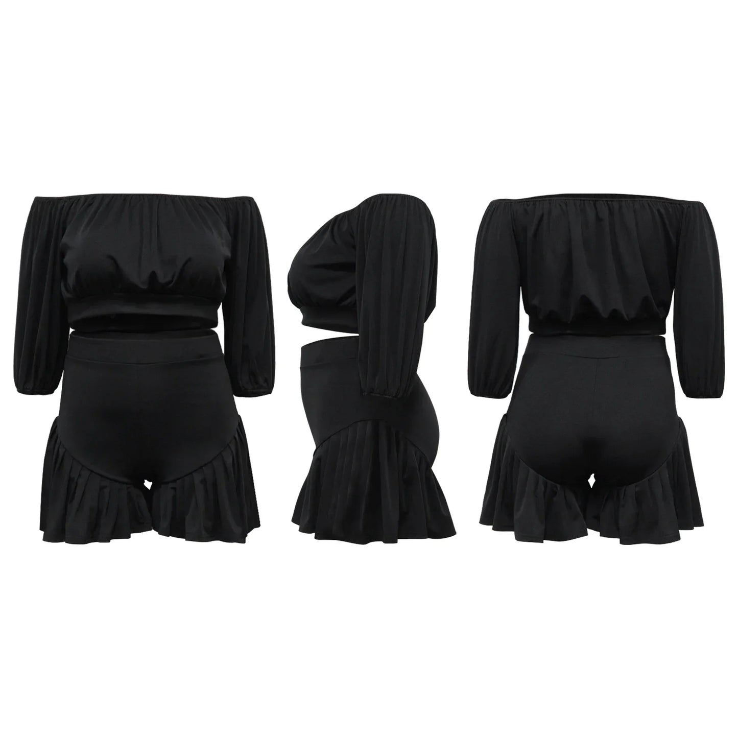 CM.YAYA Plus Size Women's Set Long Sleeve Slash Neck T-Shirt and Shorts 2025 Summer Ruched Two 2 Piece Set Outfits Tracksuit
