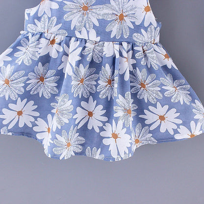 Summer New Girl Fashion Dress Small Chrysanthemum Hanging Strap Big Bow Princess Dress Party Dress 0-3 Years Old