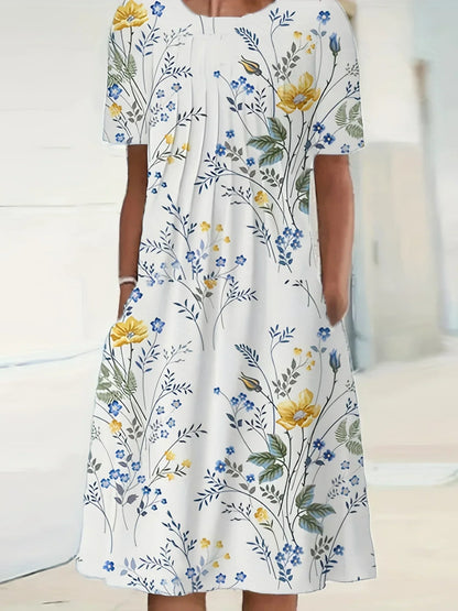 2024 New Spring And Summer Women's Elegant Large Skirt Round Neck Printed Short-sleeved Dress