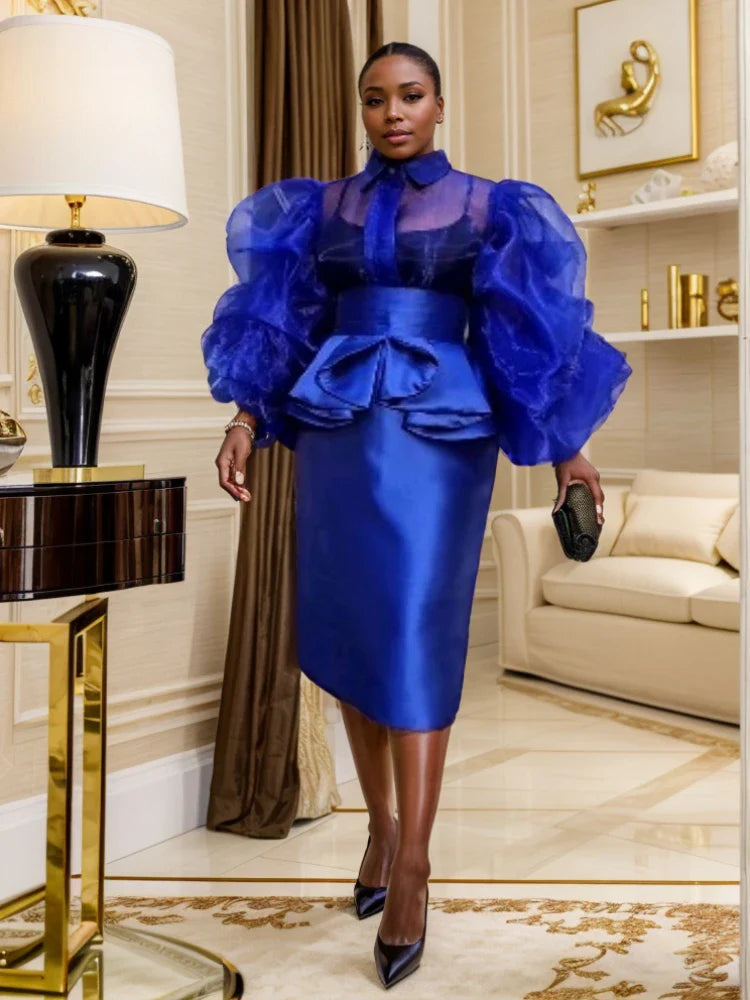 Fashion Party Style Long Sleeved Blue See Through Mesh 2-piece Set for Women's Spring Office Sexy Club Party Birthday Skirt Set