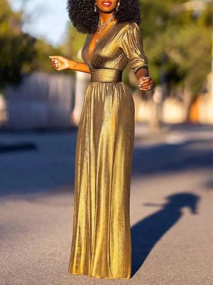 Bonboho Women's Solid Color Jumpsuit Deep V-neck Three-Quarter Sleeves High Waist Wide Leg Oe-piece Suit Summer Casual Jumpsuits