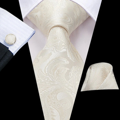 Hi-Tie Champagne Gold-color Silk Mens Elegant Ties Fashion Mens Necktie Pocket Square Cufflinks Set Business Party Wedding