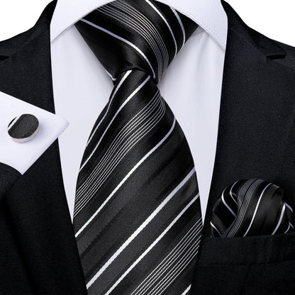 Men's Black Ties Handkerchief Cufflinks Business Formal Floral Striped Solid 8cm Necktie Gift for Husband Wedding Accessories