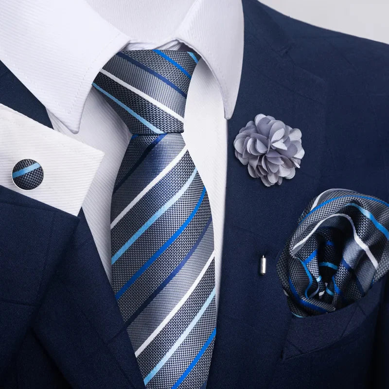 Luxury Mens Ties Floral Black Gold Ties Paisley NeckTie Pocket Square Cufflinks Brooch Set Men's Wedding Party Tie
