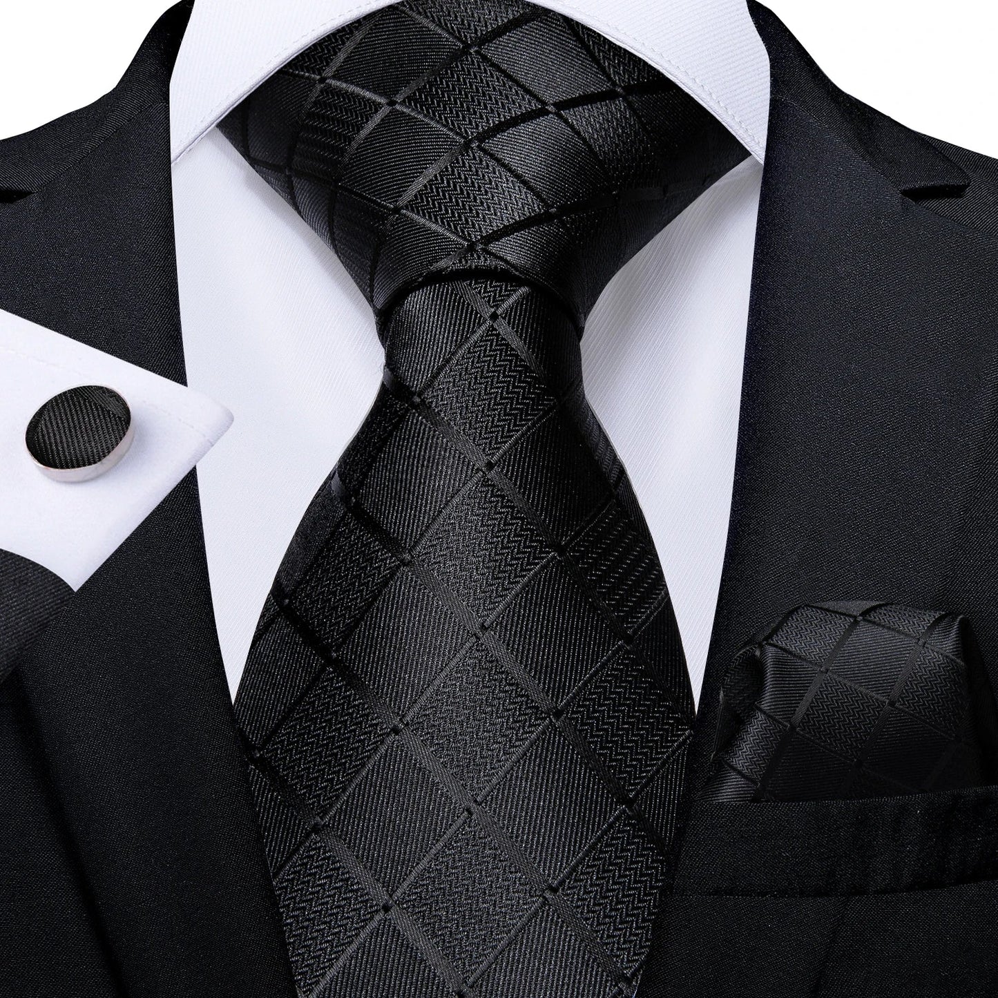 Men's Black Ties Handkerchief Cufflinks Business Formal Floral Striped Solid 8cm Necktie Gift for Husband Wedding Accessories