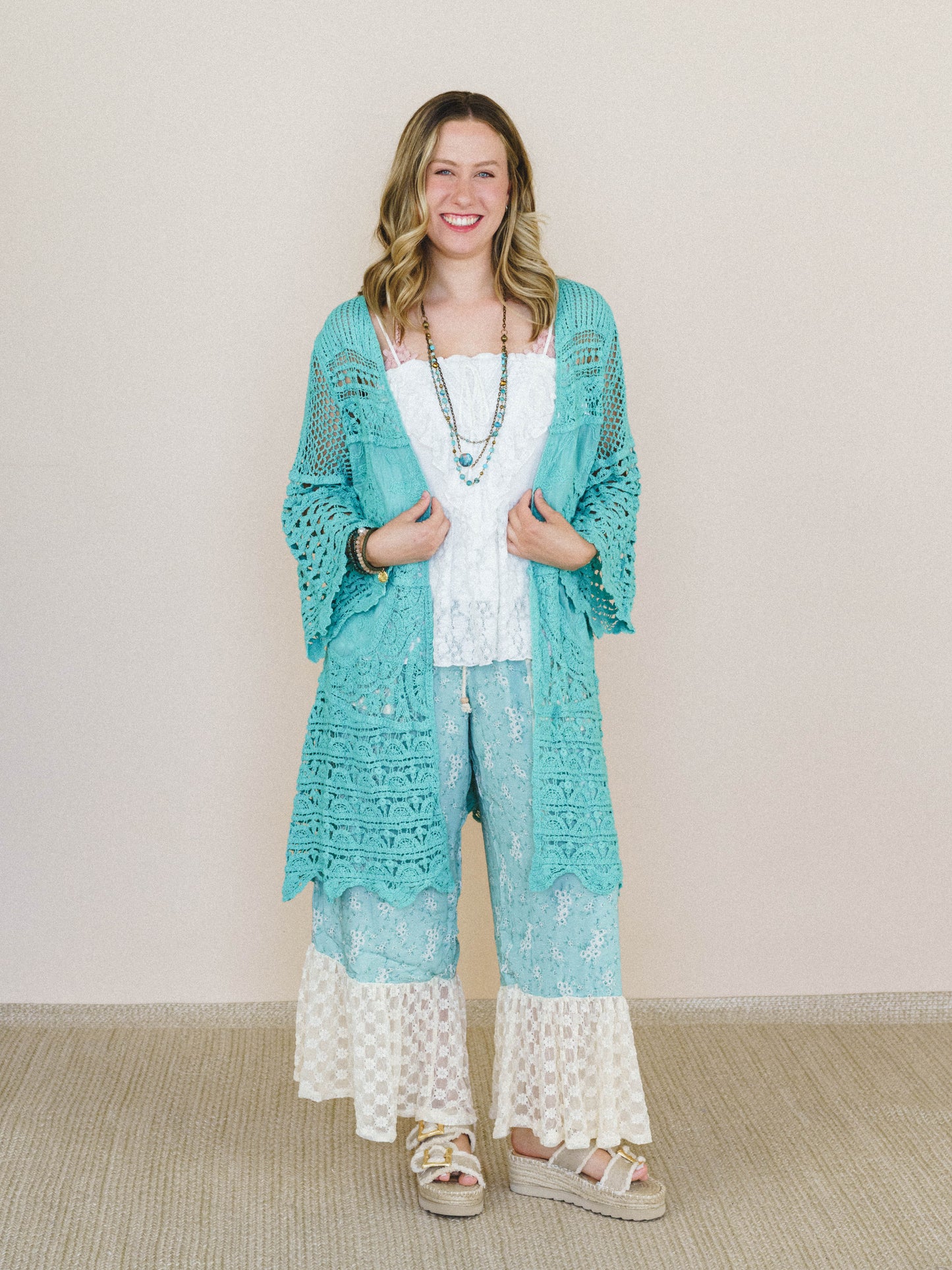 Crochet Duster Kimono - Aqua Teal