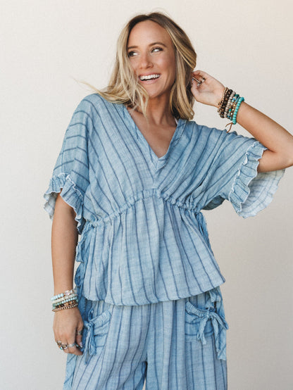 Beachy Breeze Striped Blouse  - Denim