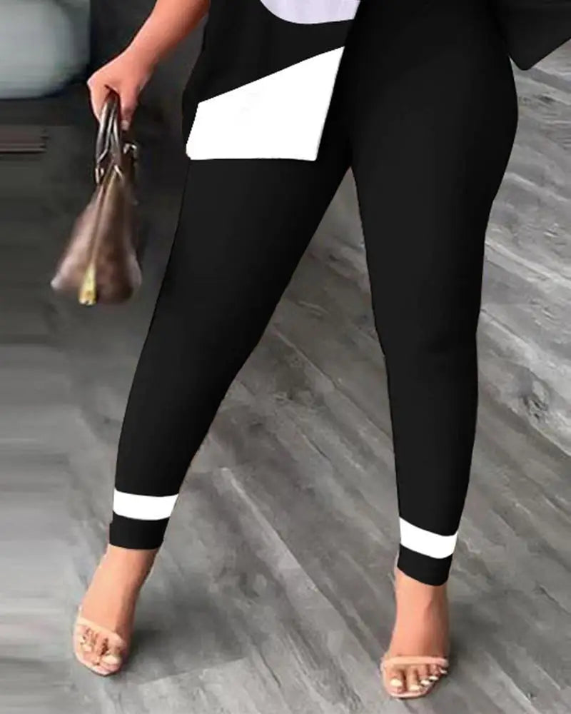 Elegant Women Two Piece Set Suits New Fashion Printed Ruffle Sleeve Top Solid Color Pants Set With Belt Blouses Female Clothing
