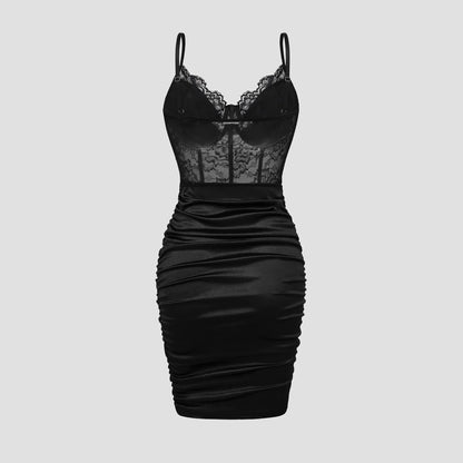 Elegant Sleeveless Dress for Woman New Fashion Sexy Lace Pleated Flower Patterned Hip Wrap Skirt Y2k Slim Fit Dresses for Female