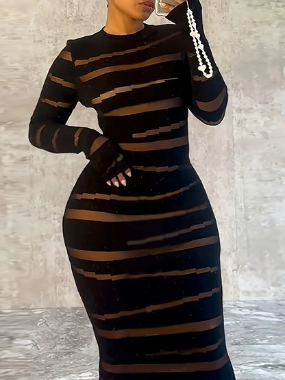 CM.YAYA Plus Size Women Clothing Dress Long Sleeve Striped Print O-neck High Waist  Spring Night Club Streetwear Mini Dresses