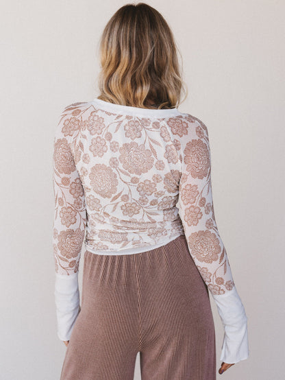 Floral Affection Mesh Long Sleeve Top - Cream