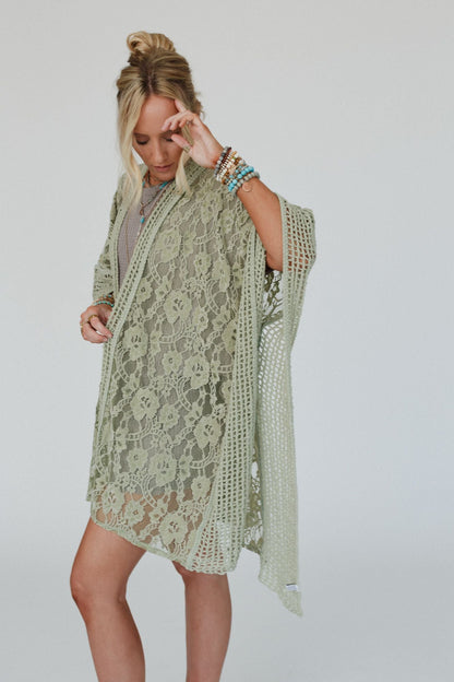 Breezy Floral Lace Kimono - Sage