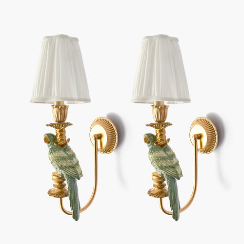 Pair of Olive Parrot Rechargeable Wall Lights with Cream Pleated Shades (14cm)