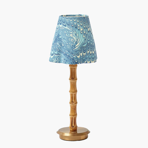 Bamboo Rechargeable Lamp with Blue Marble Shade (18cm)