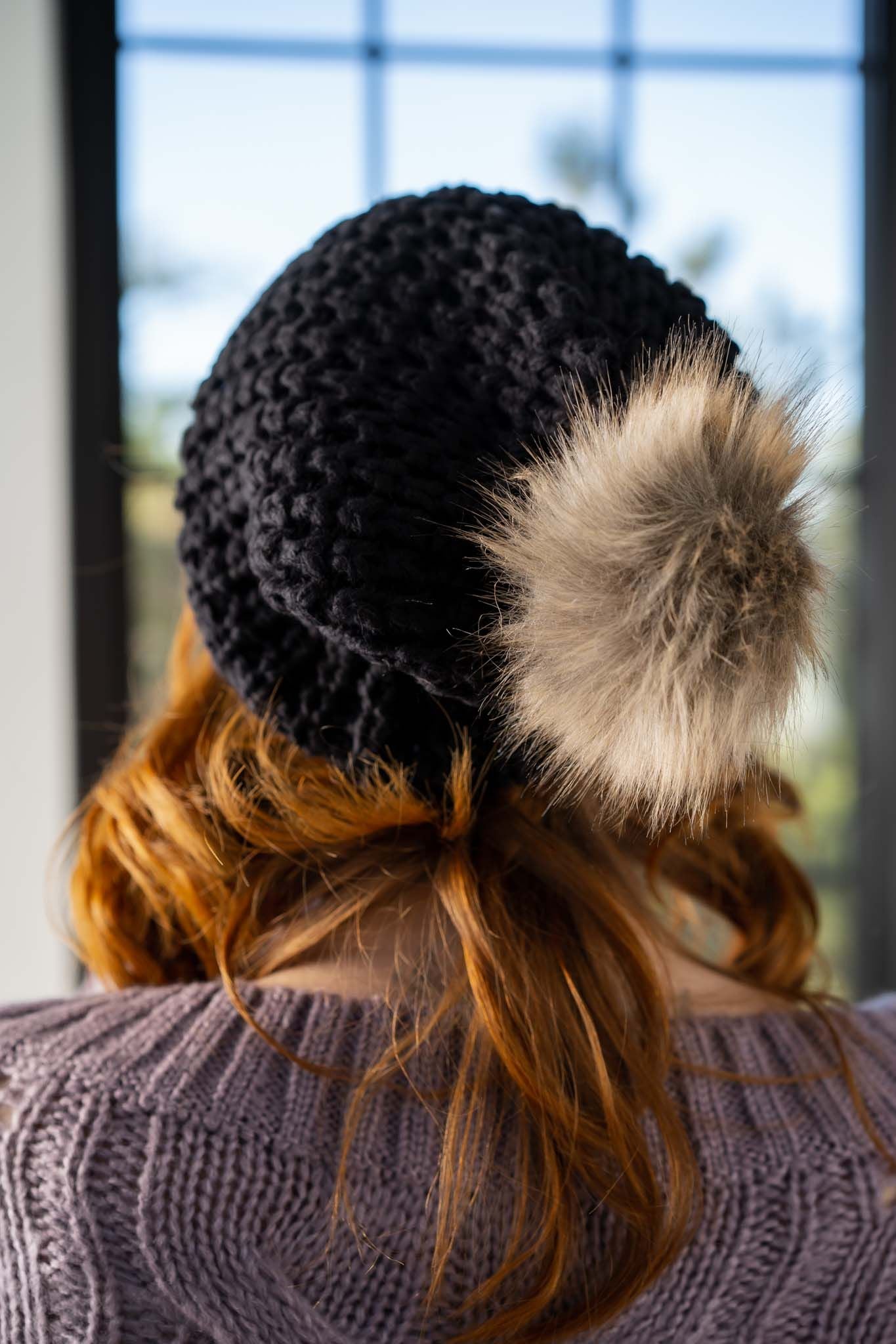 Aspen Waffle Knit Faux Fur Beanie - Black