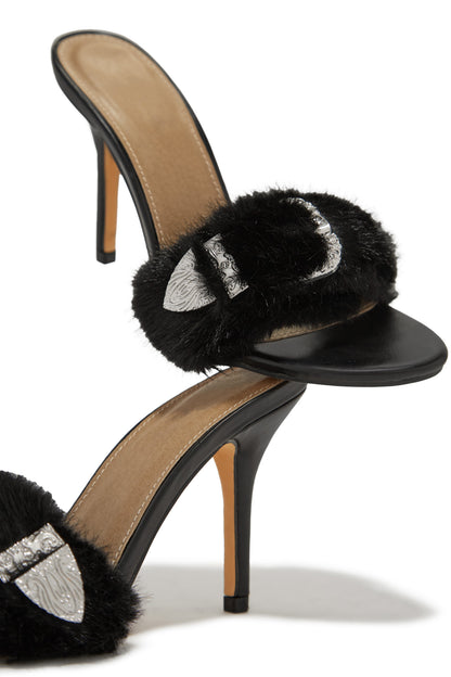 Cold Heart Faux Fur Strap High Heel Mules - Black