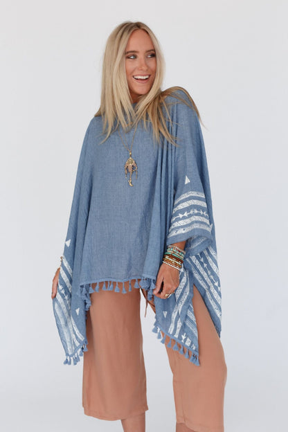 Fallon Embroidered Sleeve Tassel Poncho - Blue