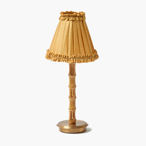 Bamboo Rechargeable Lamp with Caramel Silk Frilled Shade (18cm)