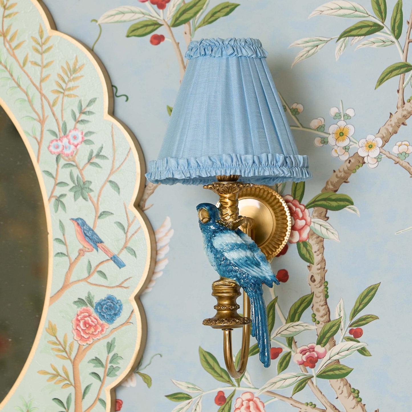 Blue Parrot Rechargeable Wall Light with Soft Blue Frilled Silk Shade (18cm)