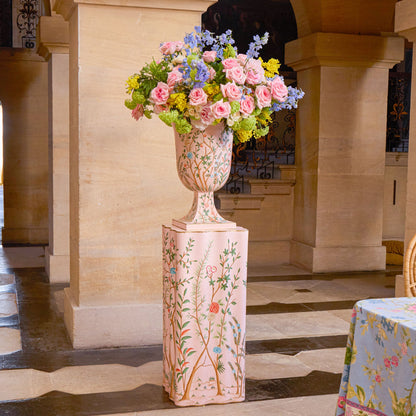 Pink Chinoiserie Tole Urn & Pedestal
