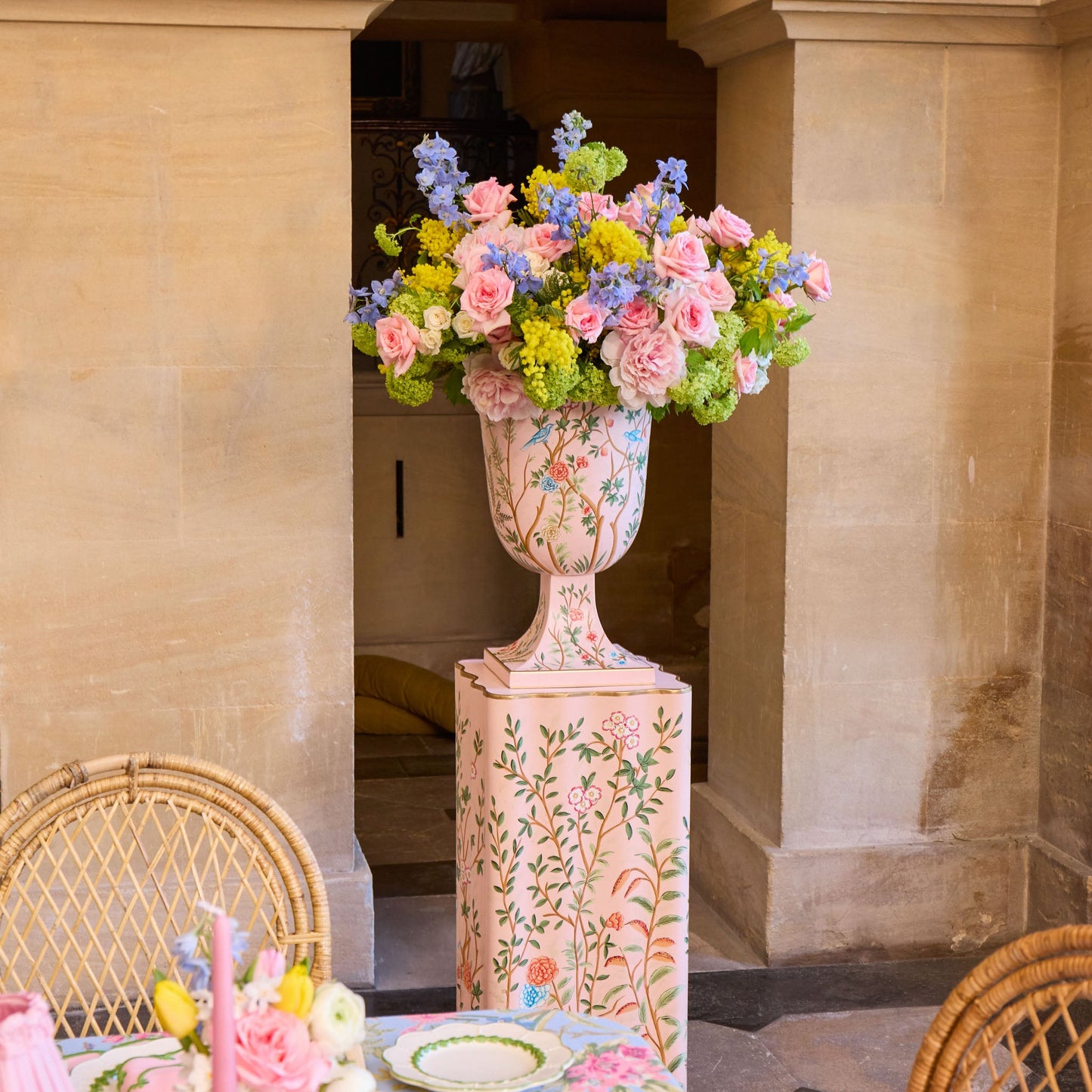 Pink Chinoiserie Tole Urn & Pedestal